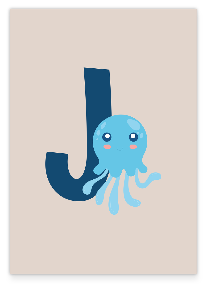 J wie Jellyfish, Qualle, Buchstabe für Name, Englisches ABC Lernen, Süße Dekoartion für Zuhause