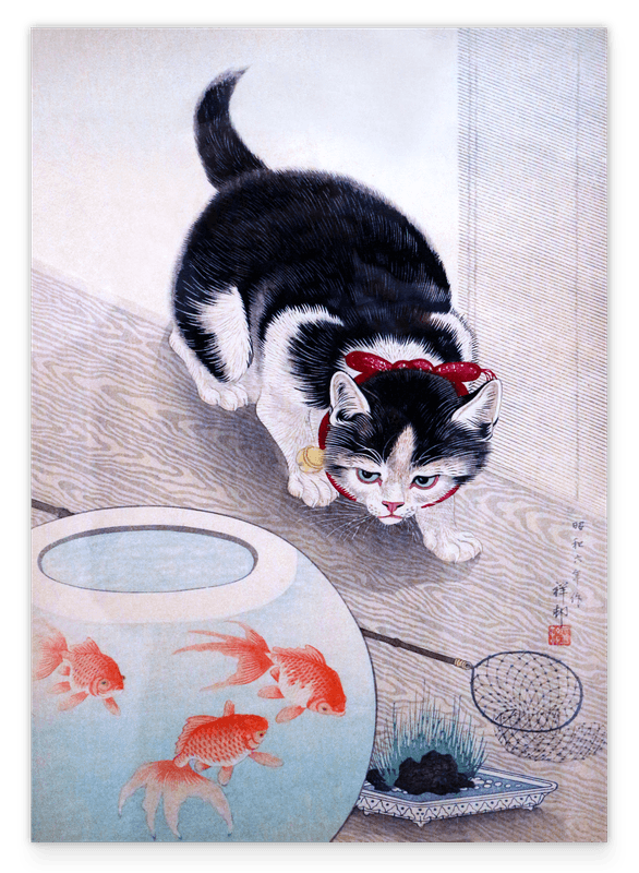 Ohara Koson - Lauernde Katze vor Fischglas