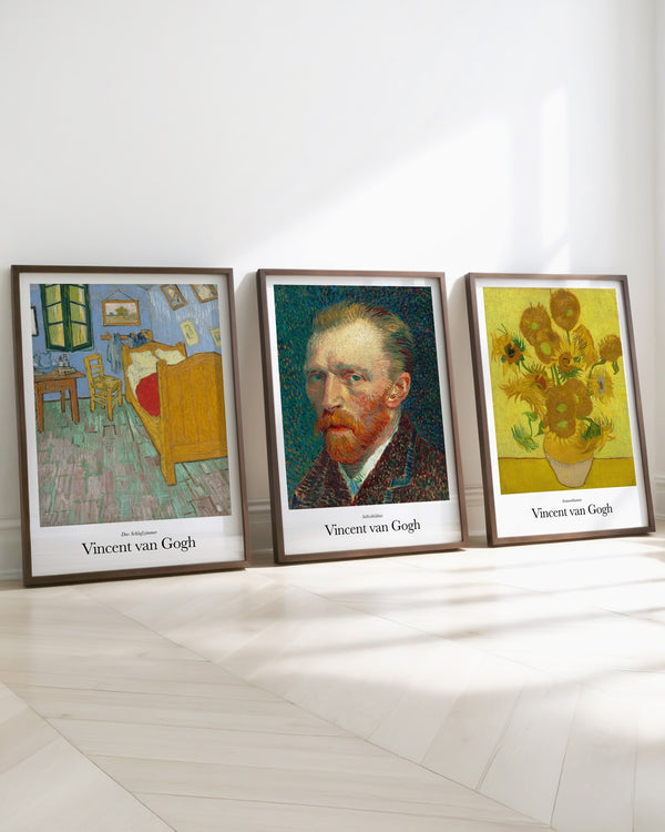 Set aus 3 Postern: Klassiker von Vincent van Gogh - Sonnenblumen, Selbstportrait & das Schlafzimmer