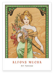 Alfons Mucha - Museum-Poster Frau in grünem Kleid mit Blumen