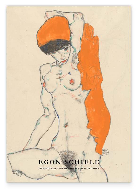 Egon Schiele - Museum-Poster II Stehender Akt mit orangenen Drapierungen