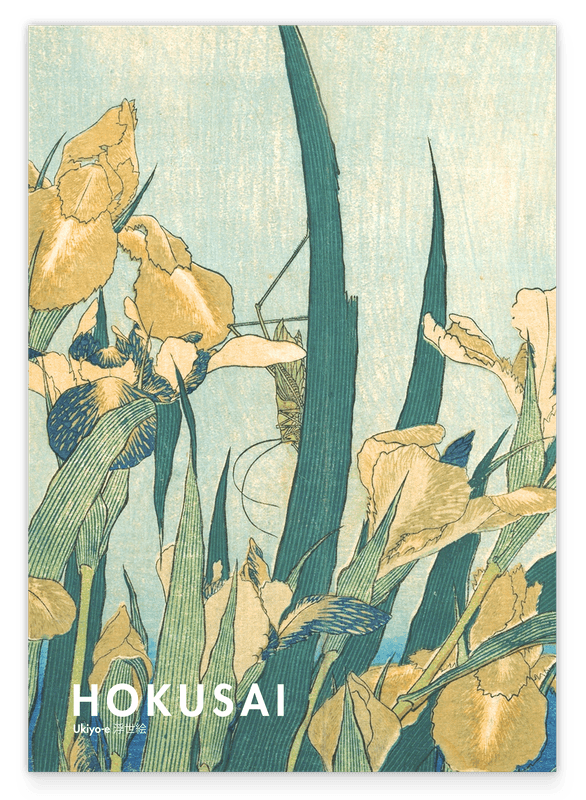 Katsushika Hokusai - Museum-Poster II Grashüpfer und Iris (Gelbe Blumen)