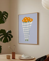 After Hover: Blumenstraus in kariertem Papier - in Blau