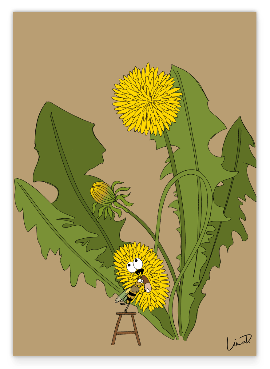 Biene untersucht Löwenzahn - Süße Natur-Illustration für das Kinderzimmer