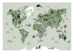 Weltkarte mit Tieren in Grün - Spielerisch lernen im Kinderzimmer