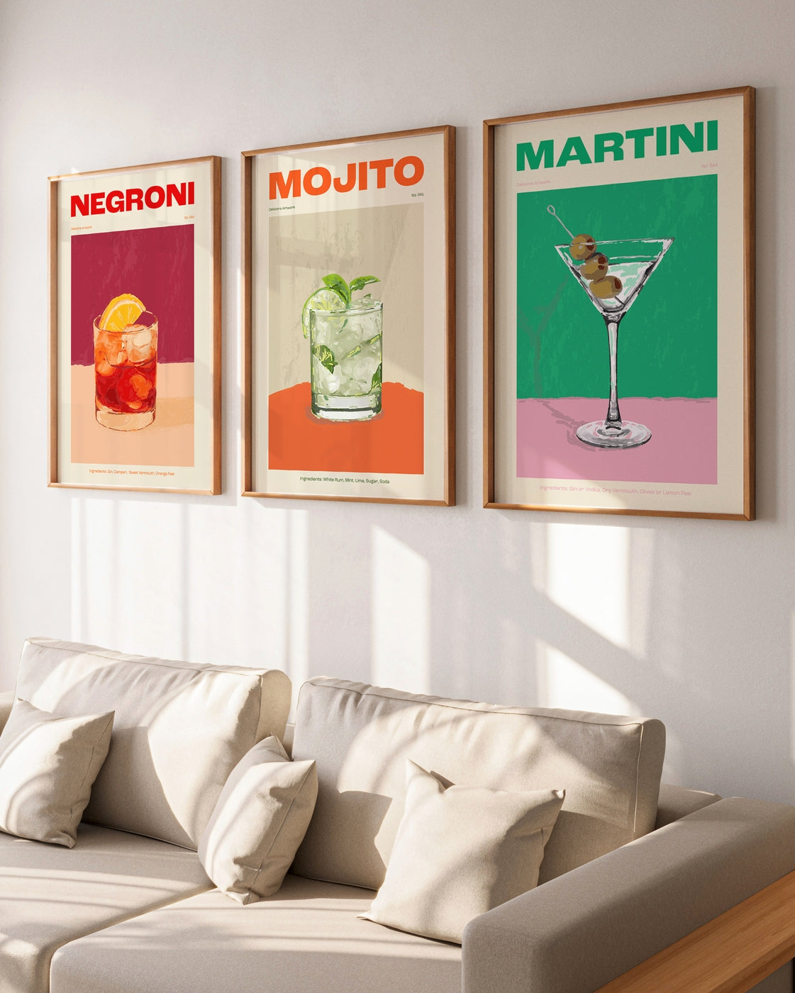 Set aus 3 Postern: Cocktails Negroni, Mojito & Martini