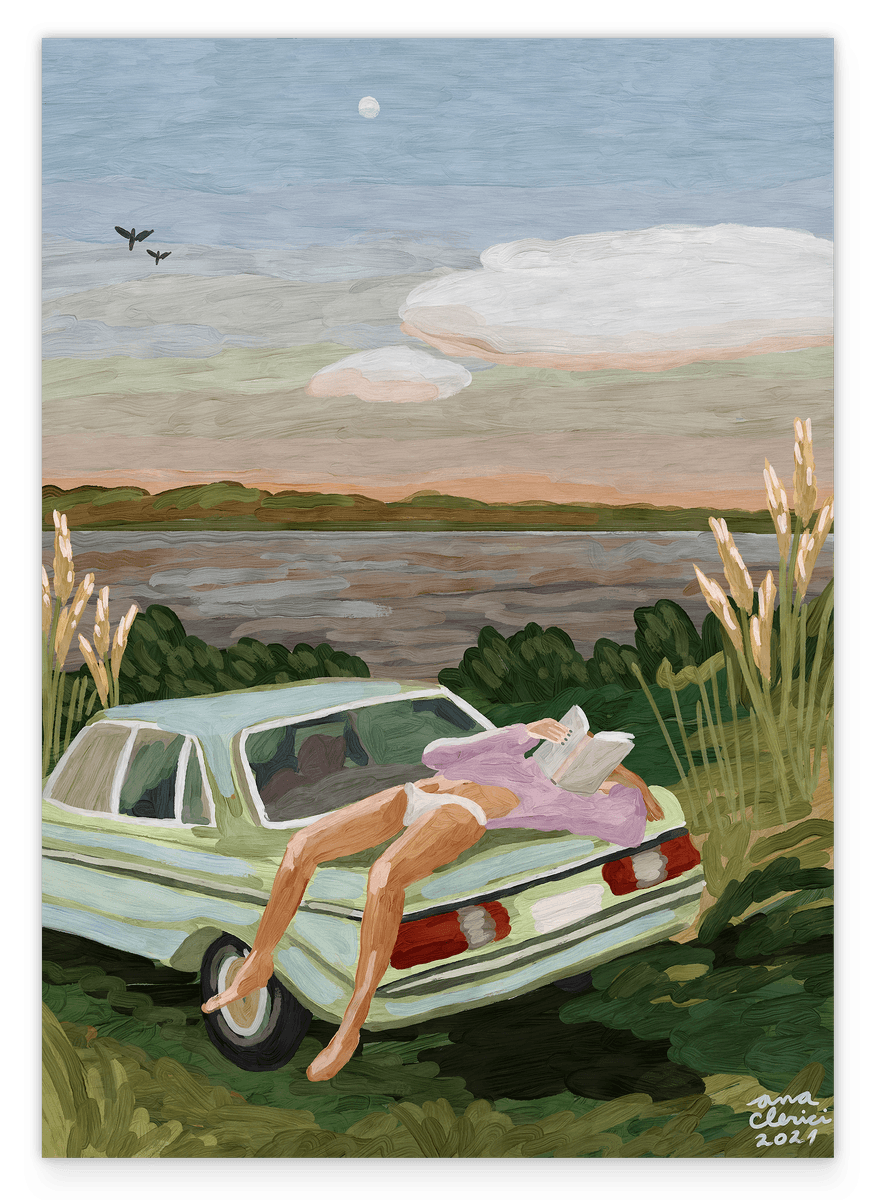 Summer Drive to the Lake: Lesende Frau am See