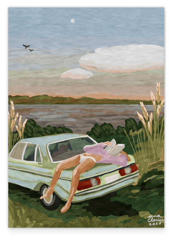 Summer Drive to the Lake: Lesende Frau am See