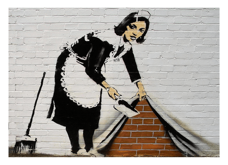 Banksy - Putzfrau kehrt Dreck unter Wand-Bemalung Graffiti Street Art