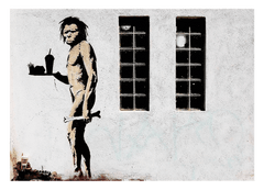 Banksy - Neandertaler mit Knochen und Fastfood Restaurant Menü Street Art Graffiti