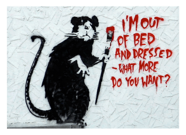 Banksy - Ratte mit Pinsel "What do you want?" Rat I'm out of bed Graffiti-Wandbild