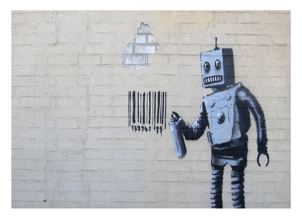 Banksy - Roboter Robot sprüht Bar-Code auf Wand Graffiti-Wandbild cool stylisch modern urban