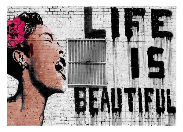 Banksy - Life is beautiful Frau mit Rose im Haar mit Schriftzug