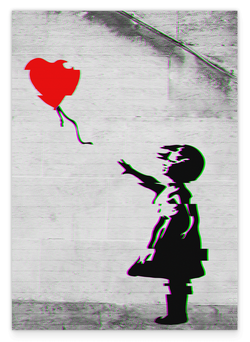 Banksy Mädchen mit Herz Luftballon vor grauer Wand - Moderner Kunstdruck von Klein bis XXL, Wohnzimmer Deko, Geschenk